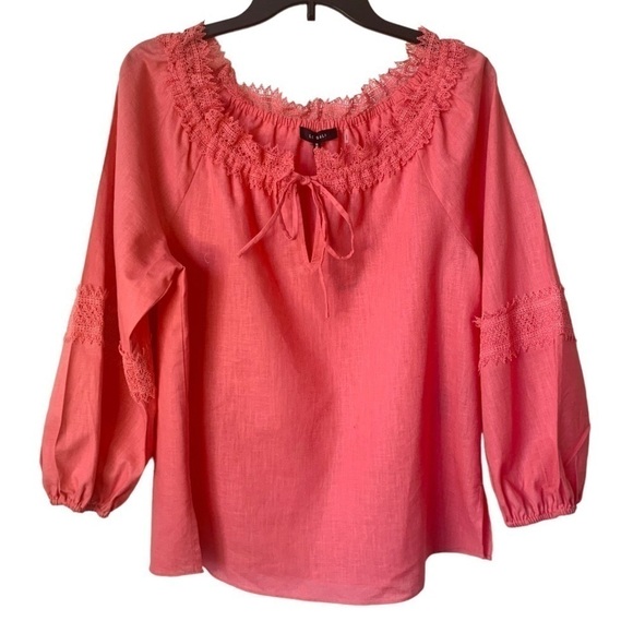 LE GALI LINEN COTTON Pink Coral Popover Peasant Lacy Top Medium NEW - Picture 1 of 4